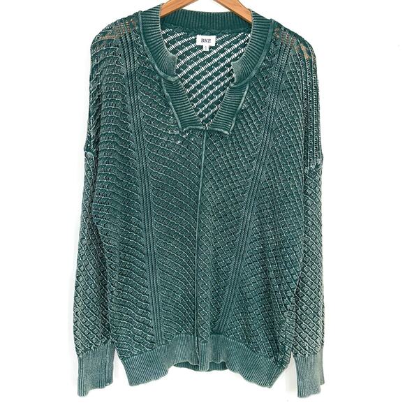 BKE Washed Notch Neck Oversized Cotton Open Weave Jasper Green Sweater Size S - Picture 2 of 14